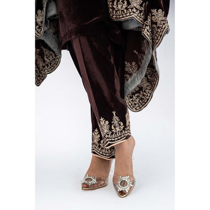 Daljit Sudan Brown Velvet Cutwork Cape with Kurta and Dupatta (Set of 3)