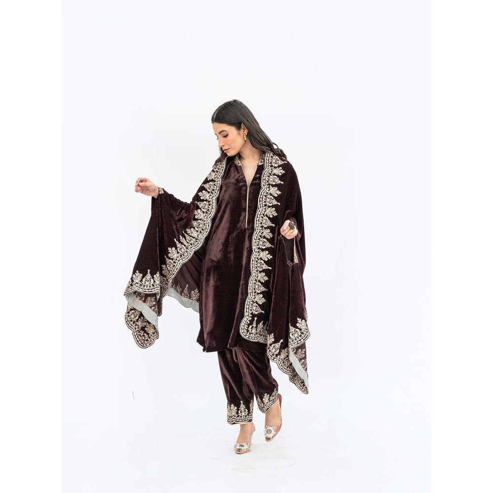 Daljit Sudan Brown Velvet Cutwork Cape with Kurta and Dupatta (Set of 3)