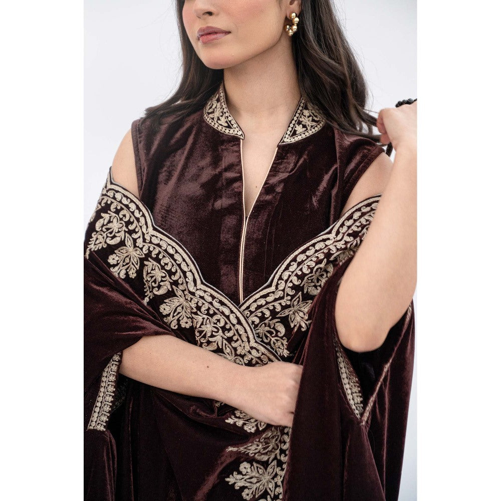 Daljit Sudan Brown Velvet Cutwork Cape with Kurta and Dupatta (Set of 3)