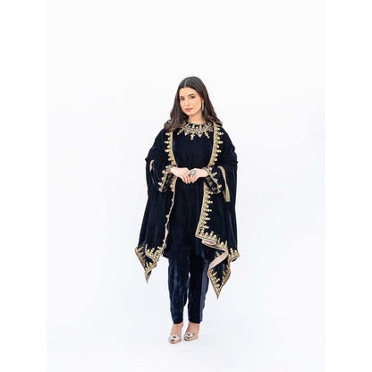 Daljit Sudan Navy Blue Velvet Kurta with Pant and Cape (Set of 3)