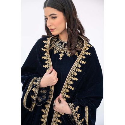 Daljit Sudan Navy Blue Velvet Kurta with Pant and Cape (Set of 3)