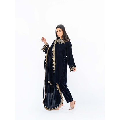 Daljit Sudan Navy Blue Velvet Kurta with Pant and Cape (Set of 3)