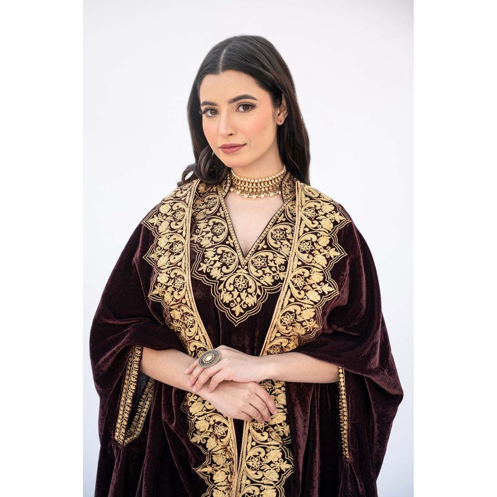 Daljit Sudan Burgundy Velvet Minar Cape with Kurta and Pant (Set of 3)