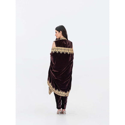 Daljit Sudan Burgundy Velvet Minar Cape with Kurta and Pant (Set of 3)