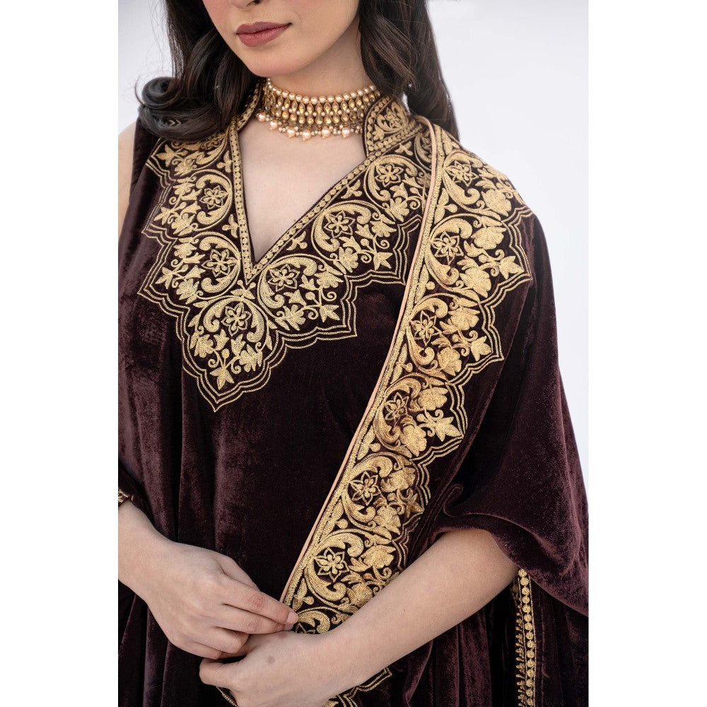 Daljit Sudan Burgundy Velvet Minar Cape with Kurta and Pant (Set of 3)