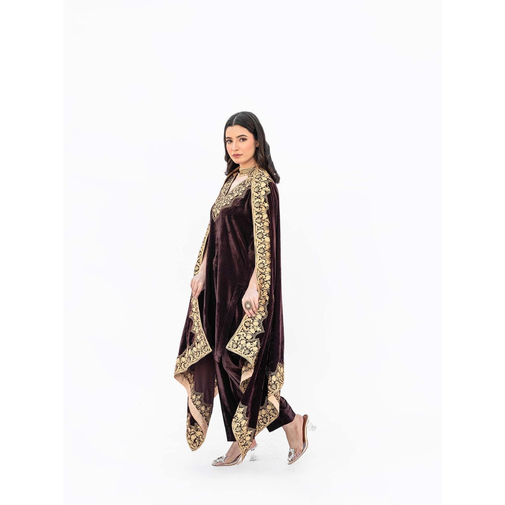 Daljit Sudan Burgundy Velvet Minar Cape with Kurta and Pant (Set of 3)