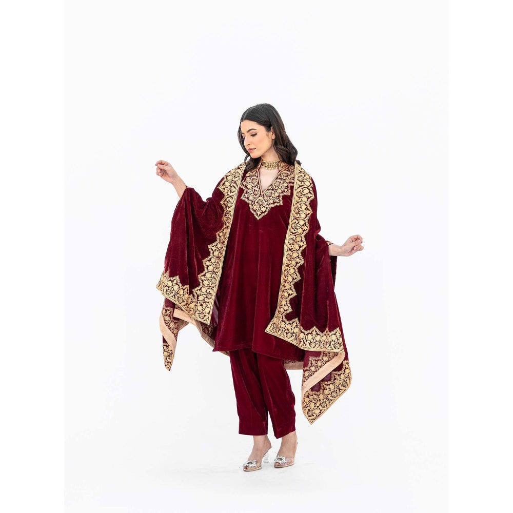Daljit Sudan Maroon Velvet Minar Cape with Kurta and Pant (Set of 3)