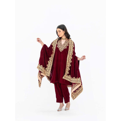 Daljit Sudan Maroon Velvet Minar Cape with Kurta and Pant (Set of 3)