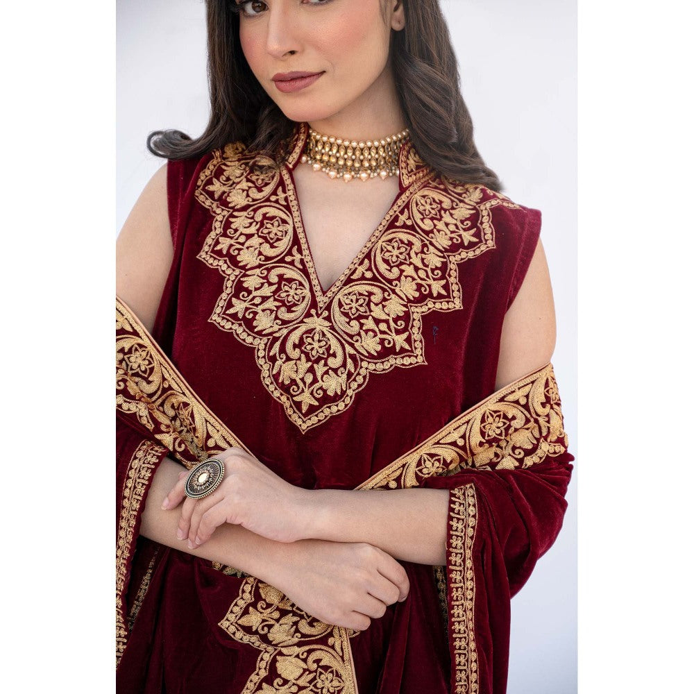 Daljit Sudan Maroon Velvet Minar Cape with Kurta and Pant (Set of 3)