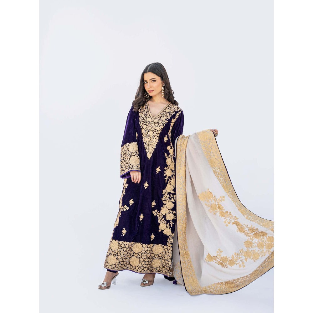 Daljit Sudan Dark Purple Velvet Aari Heavy Kurta with Churidar and Dupatta (Set of 3)