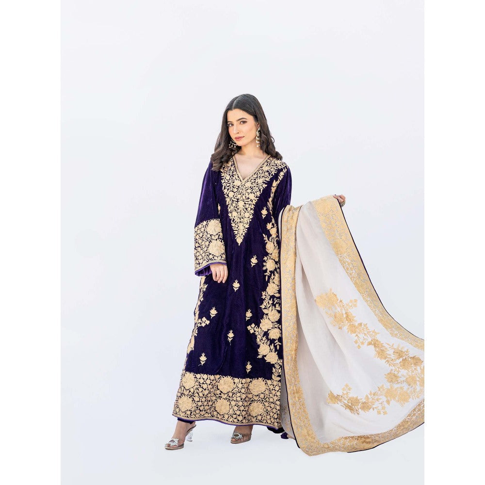 Daljit Sudan Dark Purple Velvet Aari Heavy Kurta with Churidar and Dupatta (Set of 3)