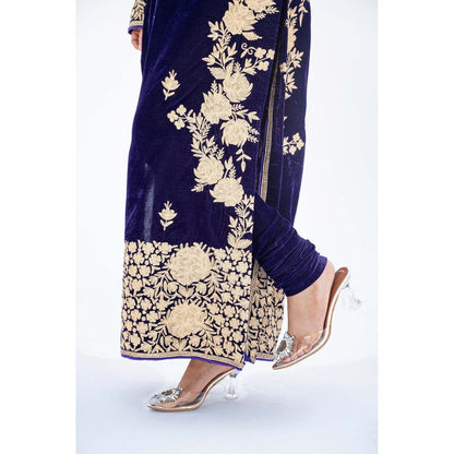 Daljit Sudan Dark Purple Velvet Aari Heavy Kurta with Churidar and Dupatta (Set of 3)