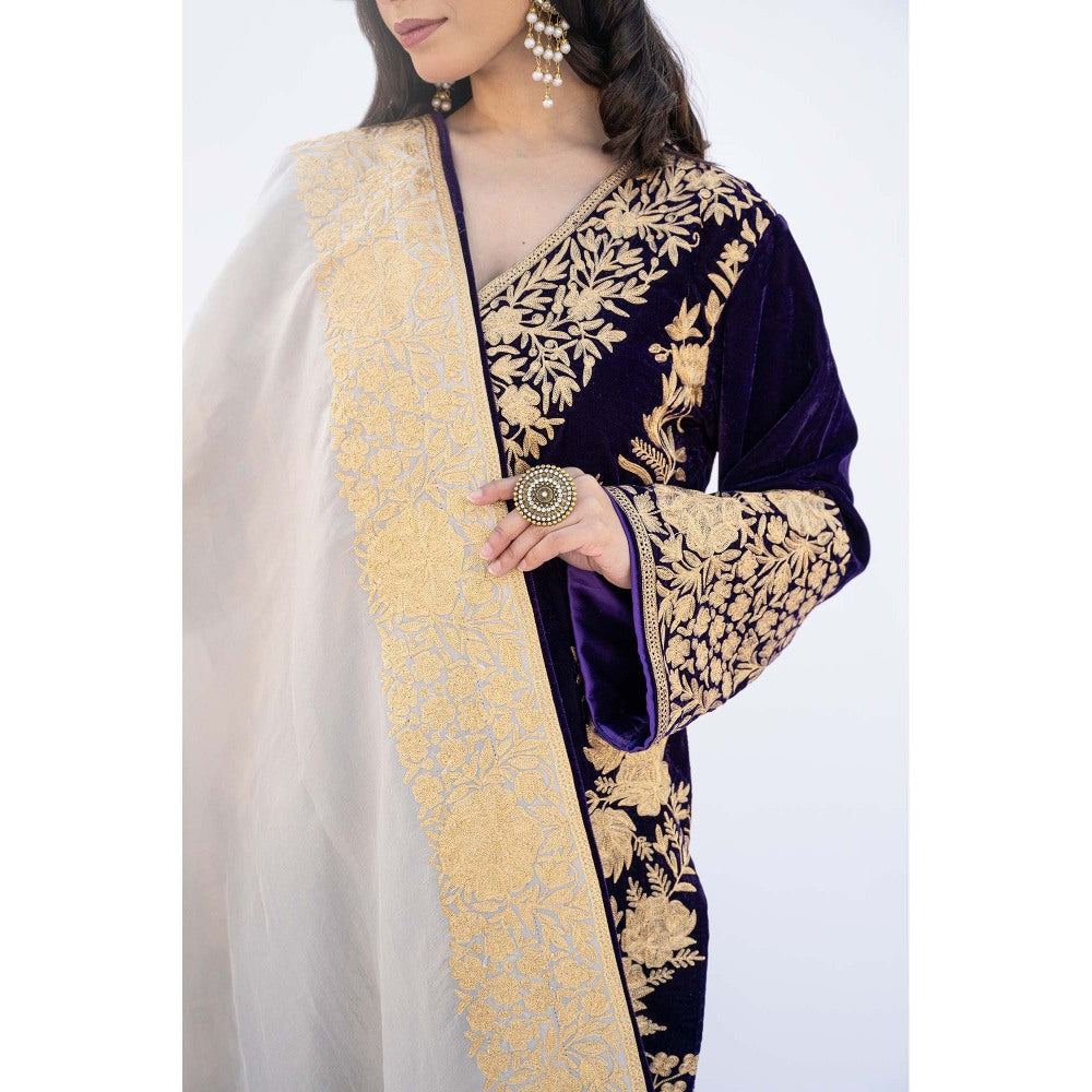 Daljit Sudan Dark Purple Velvet Aari Heavy Kurta with Churidar and Dupatta (Set of 3)