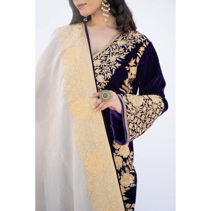 Daljit Sudan Dark Purple Velvet Aari Heavy Kurta with Churidar and Dupatta (Set of 3)