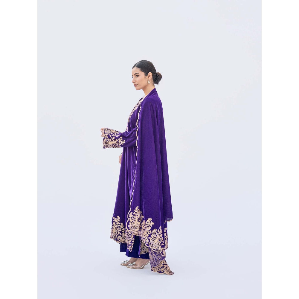 Daljit Sudan Purple Velvet Aari Kurta with Pant and Dupatta (Set of 3)