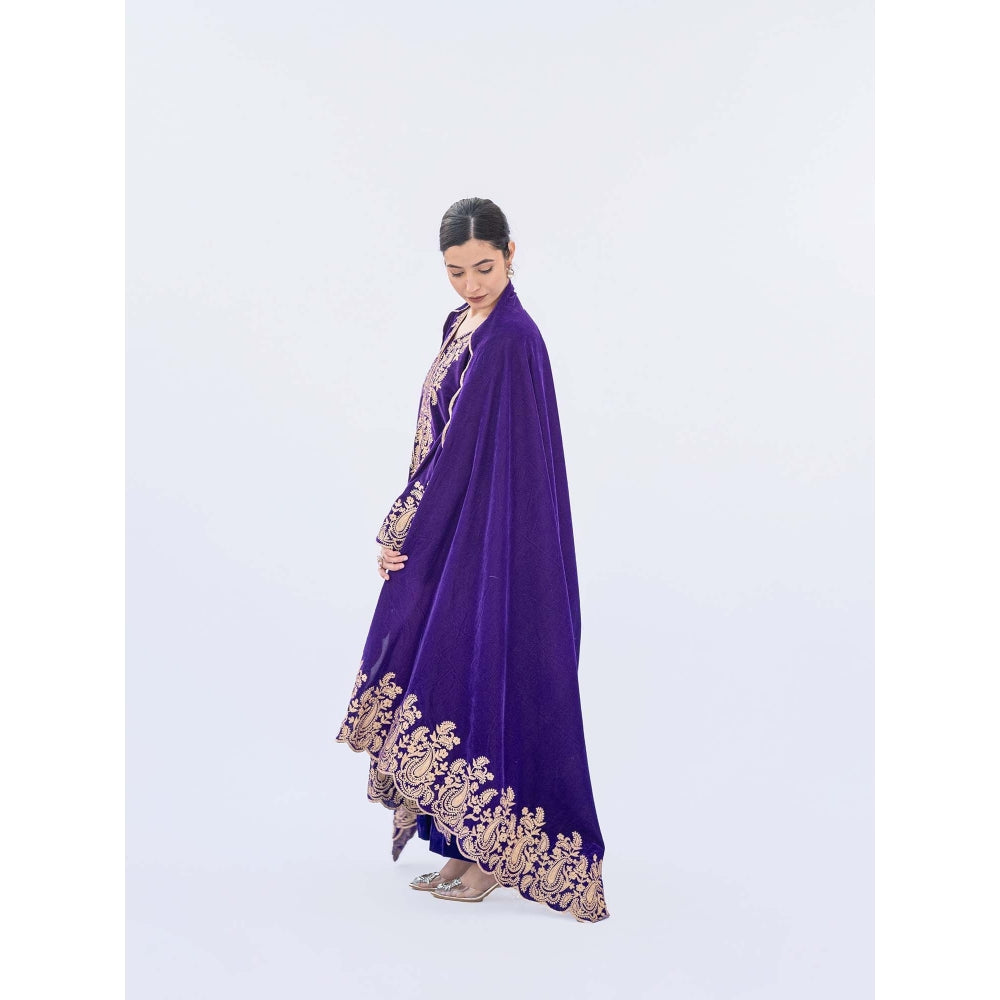 Daljit Sudan Purple Velvet Aari Kurta with Pant and Dupatta (Set of 3)