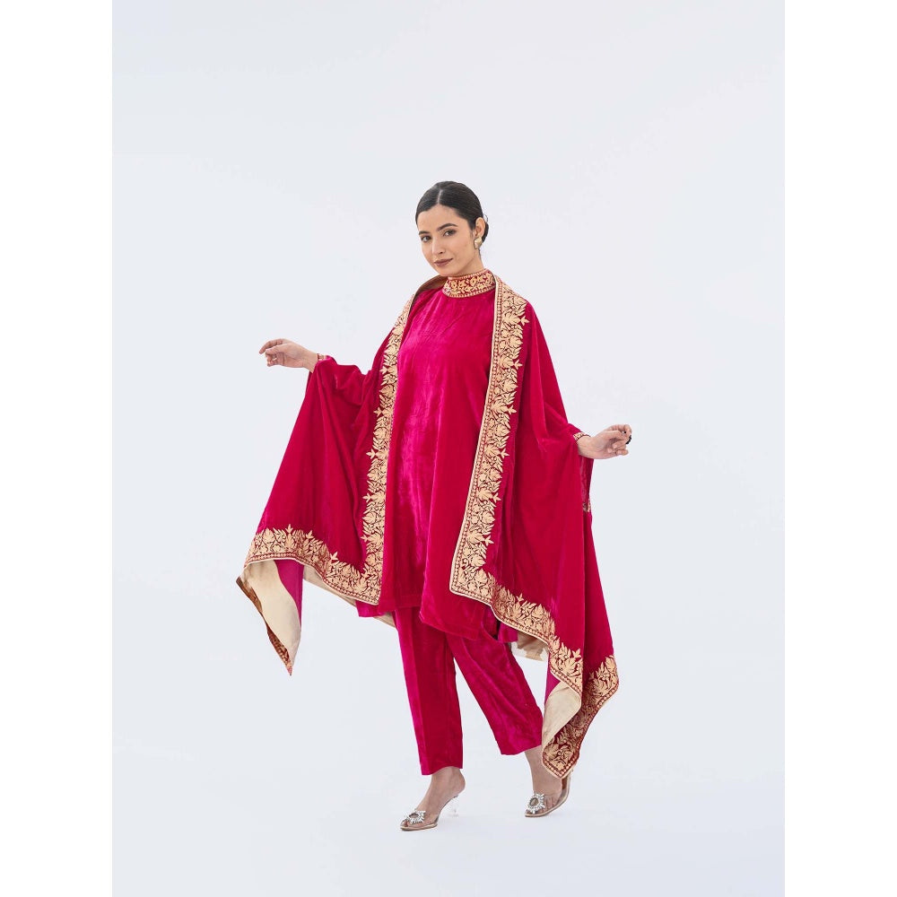 Daljit Sudan Magenta Velvet Cape with Kurta and Pant (Set of 3)