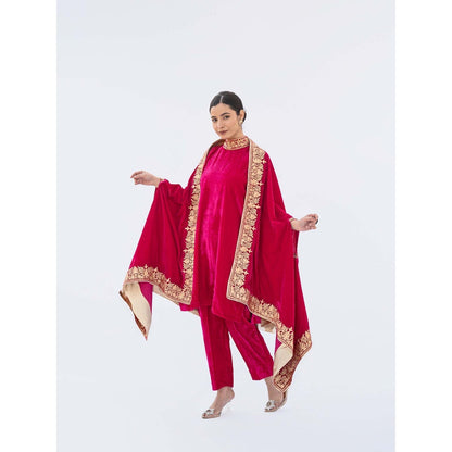 Daljit Sudan Magenta Velvet Cape with Kurta and Pant (Set of 3)
