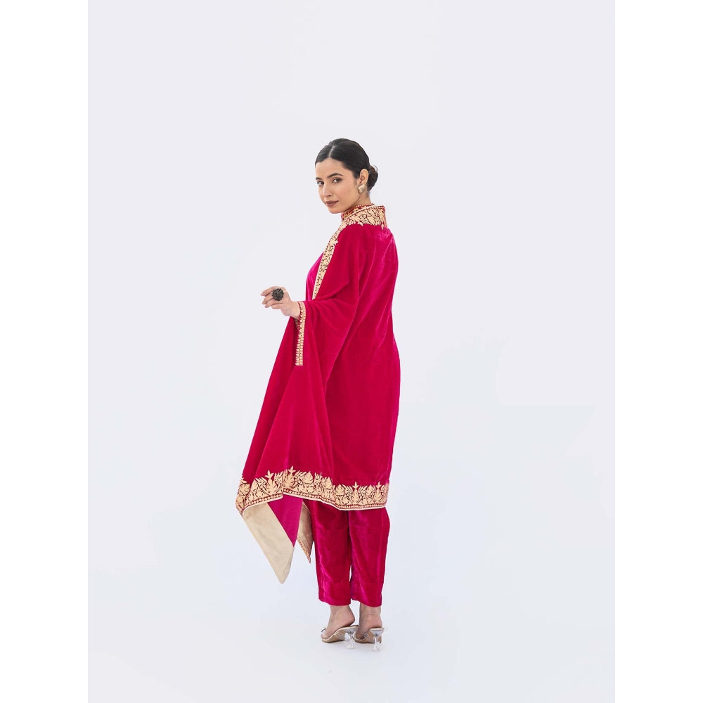 Daljit Sudan Magenta Velvet Cape with Kurta and Pant (Set of 3)