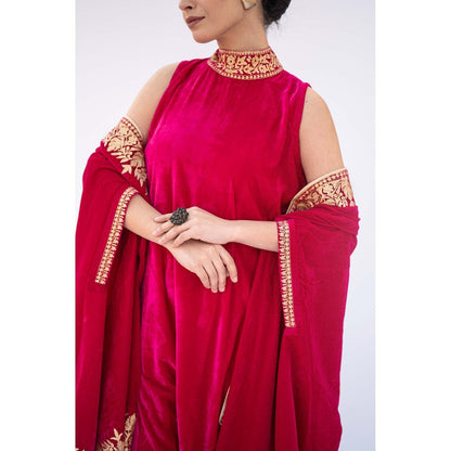 Daljit Sudan Magenta Velvet Cape with Kurta and Pant (Set of 3)
