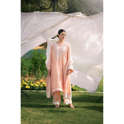 Daljit Sudan Light Peach Muslin Kurta with Pant and Dupatta (Set of 3)