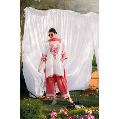 Daljit Sudan Off White Cotton Kurta with Pant and Dupatta (Set of 3)
