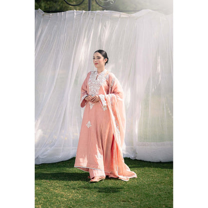 Daljit Sudan Pastel Pink Silk Chanderi Kurta with Pant and Dupatta (Set of 3)