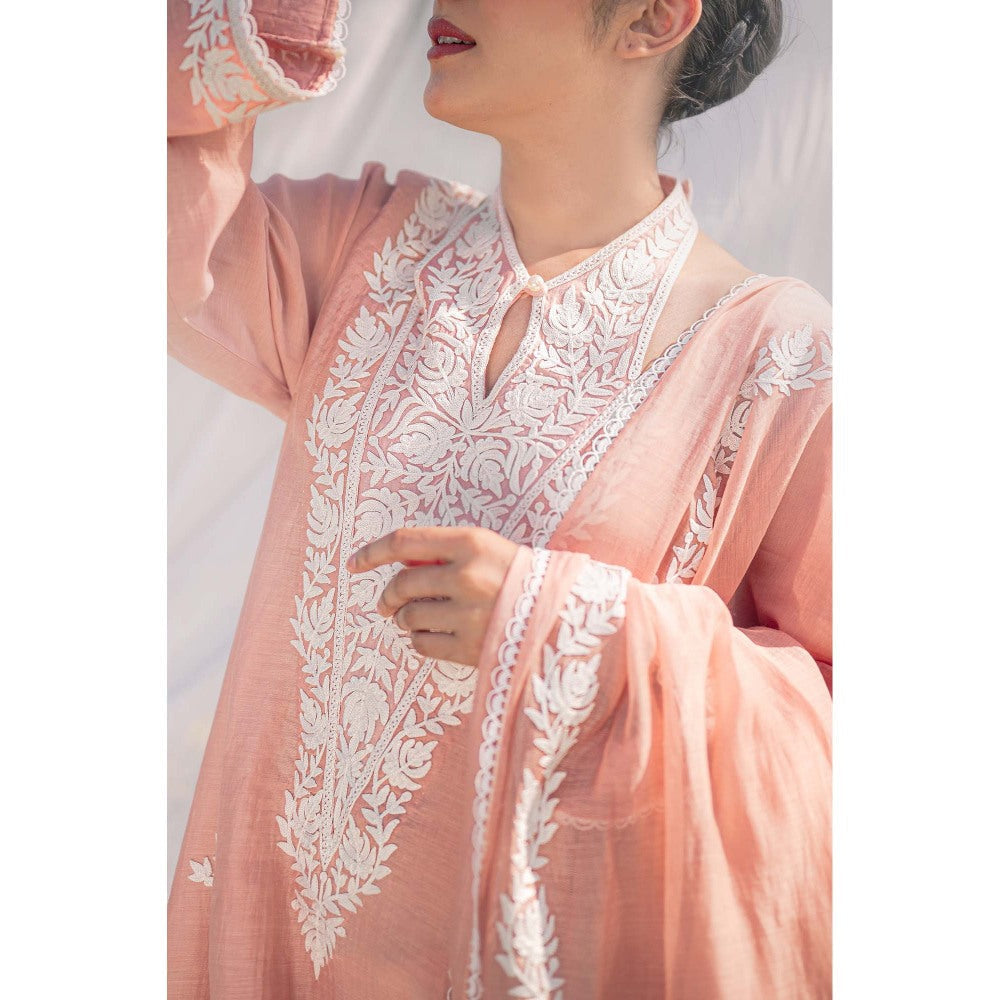 Daljit Sudan Pastel Pink Silk Chanderi Kurta with Pant and Dupatta (Set of 3)