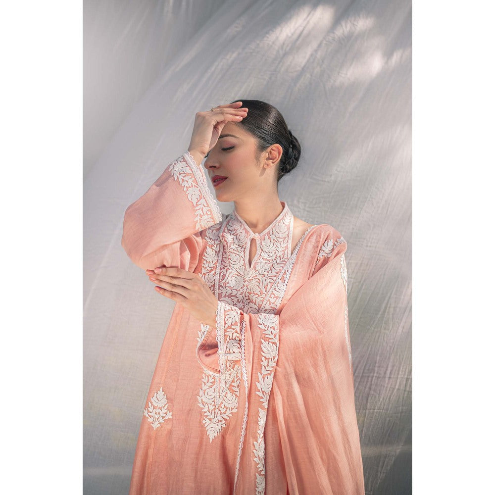 Daljit Sudan Pastel Pink Silk Chanderi Kurta with Pant and Dupatta (Set of 3)
