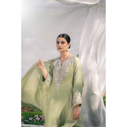 Daljit Sudan Mint Green Muslin Kurta with Pant and Dupatta (Set of 3)