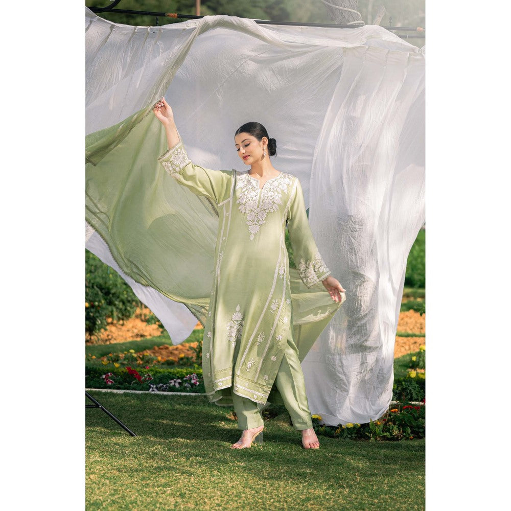 Daljit Sudan Mint Green Muslin Kurta with Pant and Dupatta (Set of 3)