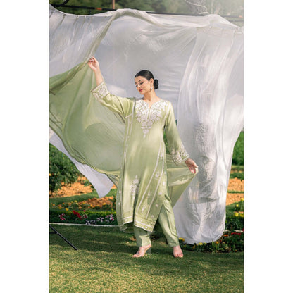 Daljit Sudan Mint Green Muslin Kurta with Pant and Dupatta (Set of 3)
