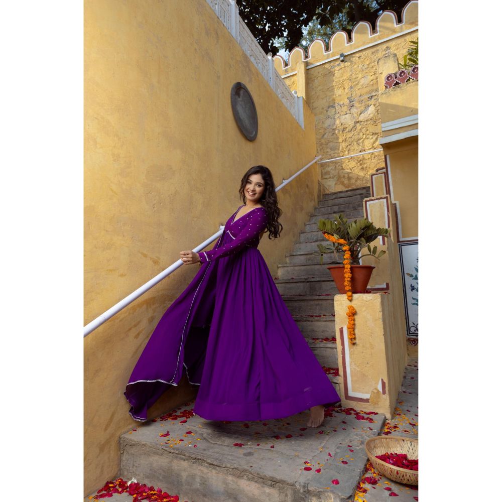 DEASHA INDIA Adhira True Purple Anarkali with Pant and Dupatta (Set of 3)