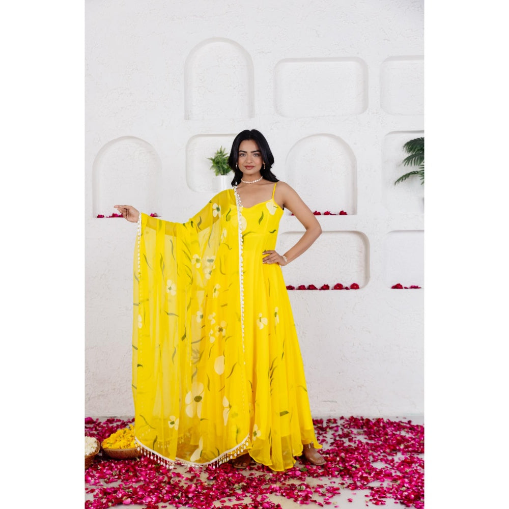 DEASHA INDIA Nysa Yellow Handpainted Anarkali with Pant and Dupatta (Set of 3)