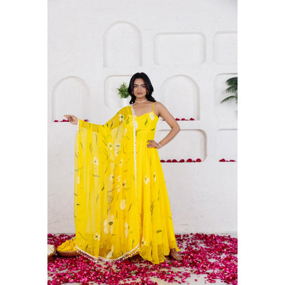 DEASHA INDIA Nysa Yellow Handpainted Anarkali with Pant and Dupatta (Set of 3)