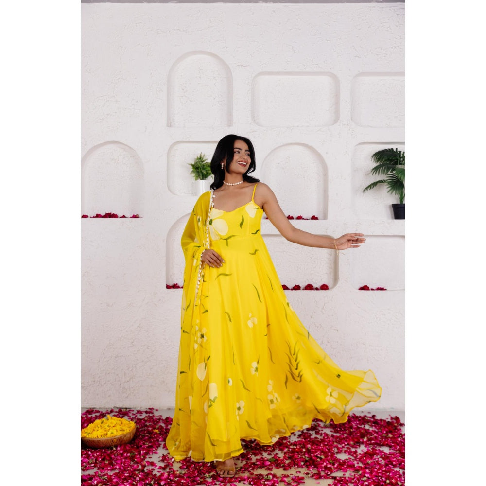 DEASHA INDIA Nysa Yellow Handpainted Anarkali with Pant and Dupatta (Set of 3)