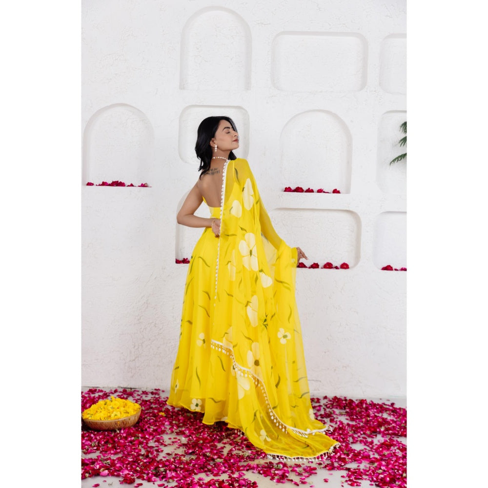 DEASHA INDIA Nysa Yellow Handpainted Anarkali with Pant and Dupatta (Set of 3)
