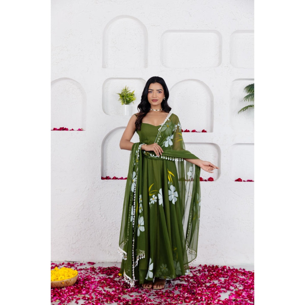 DEASHA INDIA Reva Green Handpainted Anarkali with Pant and Dupatta (Set of 3)