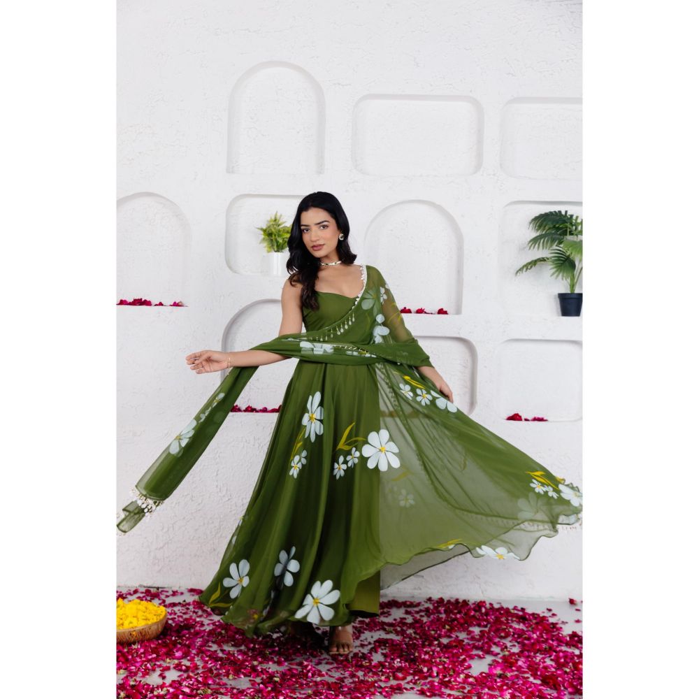 DEASHA INDIA Reva Green Handpainted Anarkali with Pant and Dupatta (Set of 3)