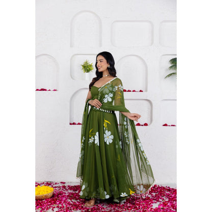 DEASHA INDIA Reva Green Handpainted Anarkali with Pant and Dupatta (Set of 3)