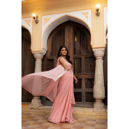 DEASHA INDIA Raina Salmon Pink Shrug with Blouse and Lehenga (Set of 3)
