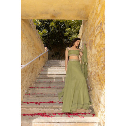 DEASHA INDIA Mayree Pastel Green Detailed Lehenga with Blouse and Dupatta (Set of 3)