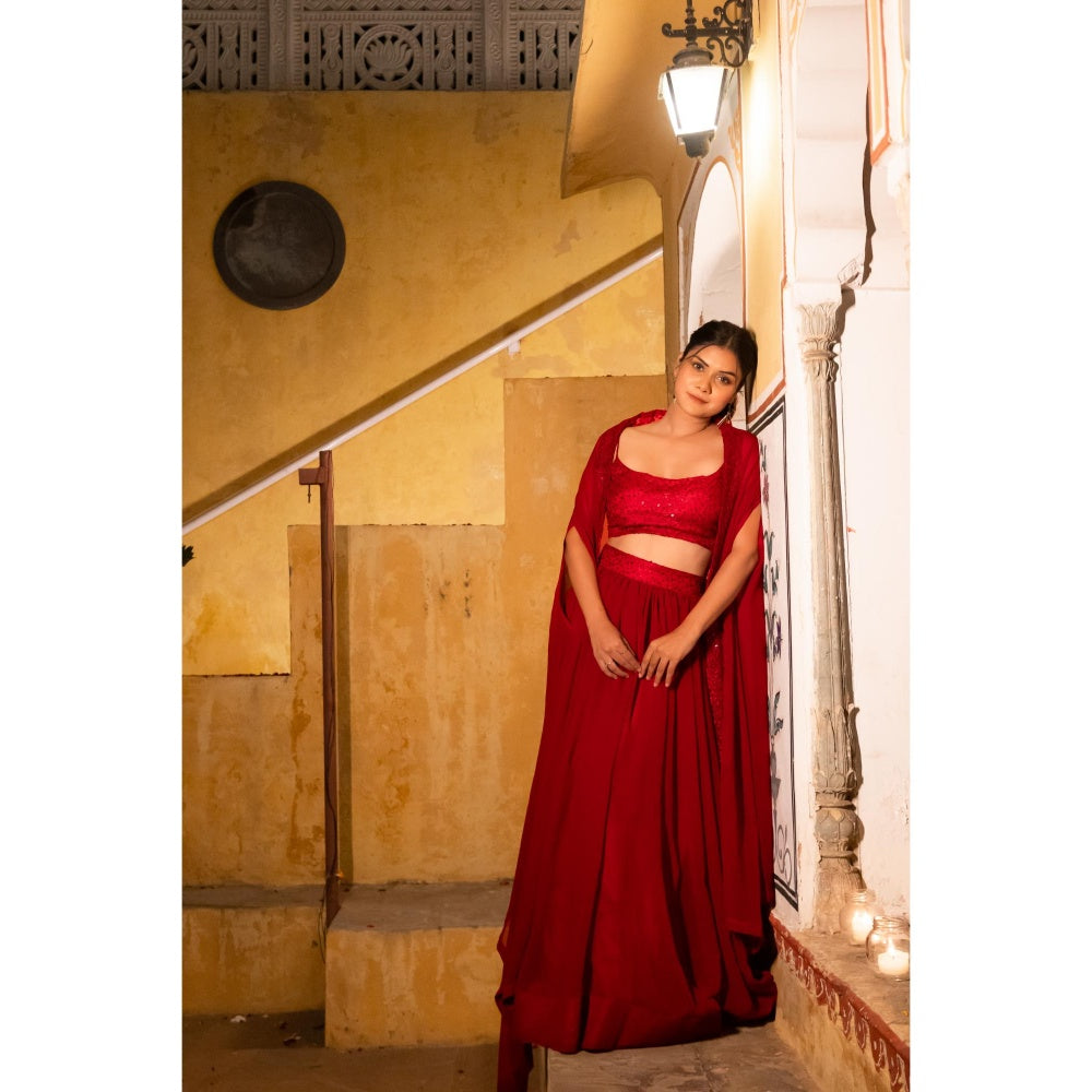 DEASHA INDIA Mira Maroon Detailed Lehenga with Blouse and Cape (Set of 3)