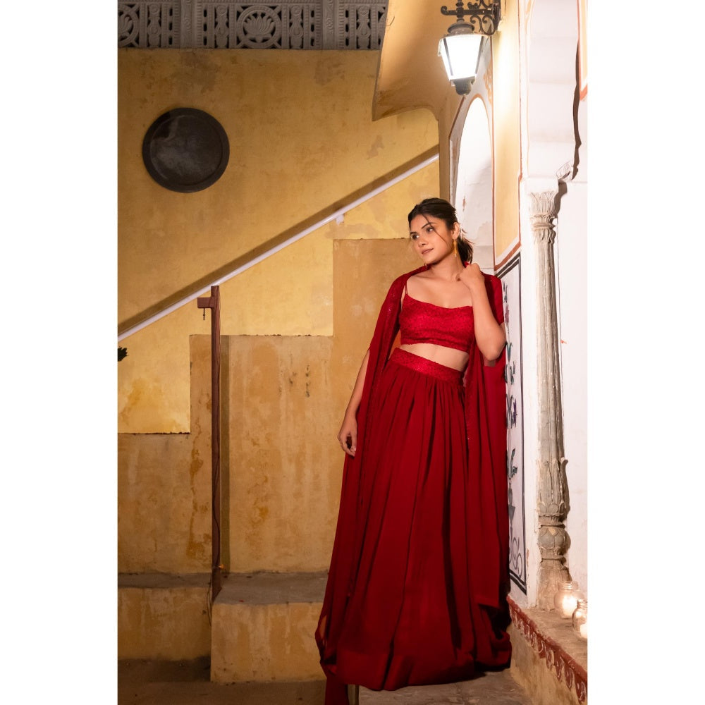 DEASHA INDIA Mira Maroon Detailed Lehenga with Blouse and Cape (Set of 3)
