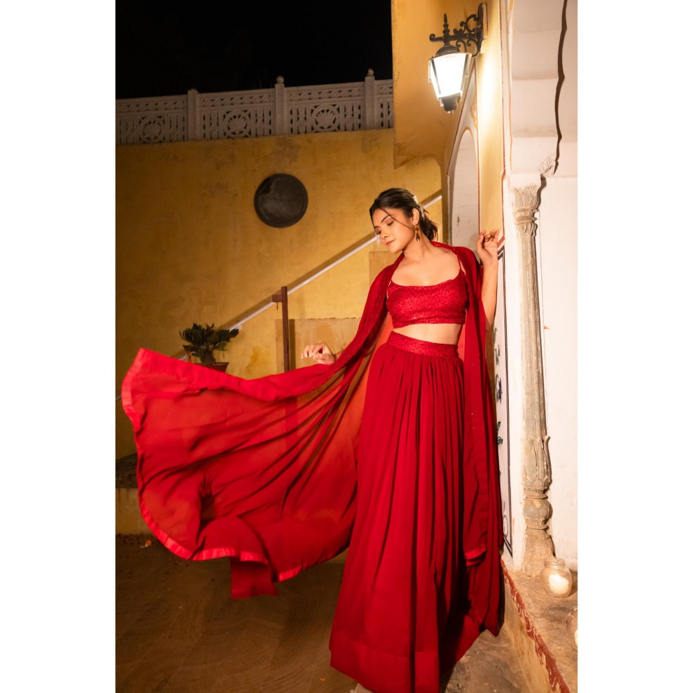 DEASHA INDIA Mira Maroon Detailed Lehenga with Blouse and Cape (Set of 3)