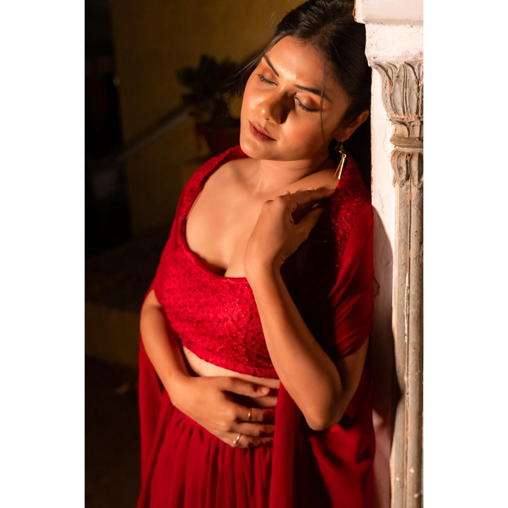 DEASHA INDIA Mira Maroon Detailed Lehenga with Blouse and Cape (Set of 3)