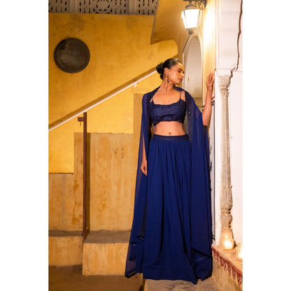 DEASHA INDIA Dia Navy Blue Detailed Lehenga with Blouse and Cape (Set of 3)