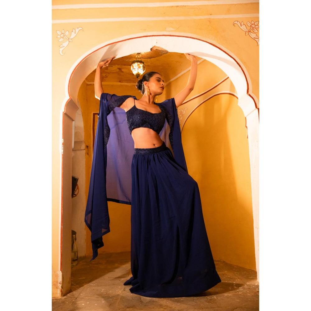 DEASHA INDIA Dia Navy Blue Detailed Lehenga with Blouse and Cape (Set of 3)