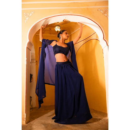 DEASHA INDIA Dia Navy Blue Detailed Lehenga with Blouse and Cape (Set of 3)