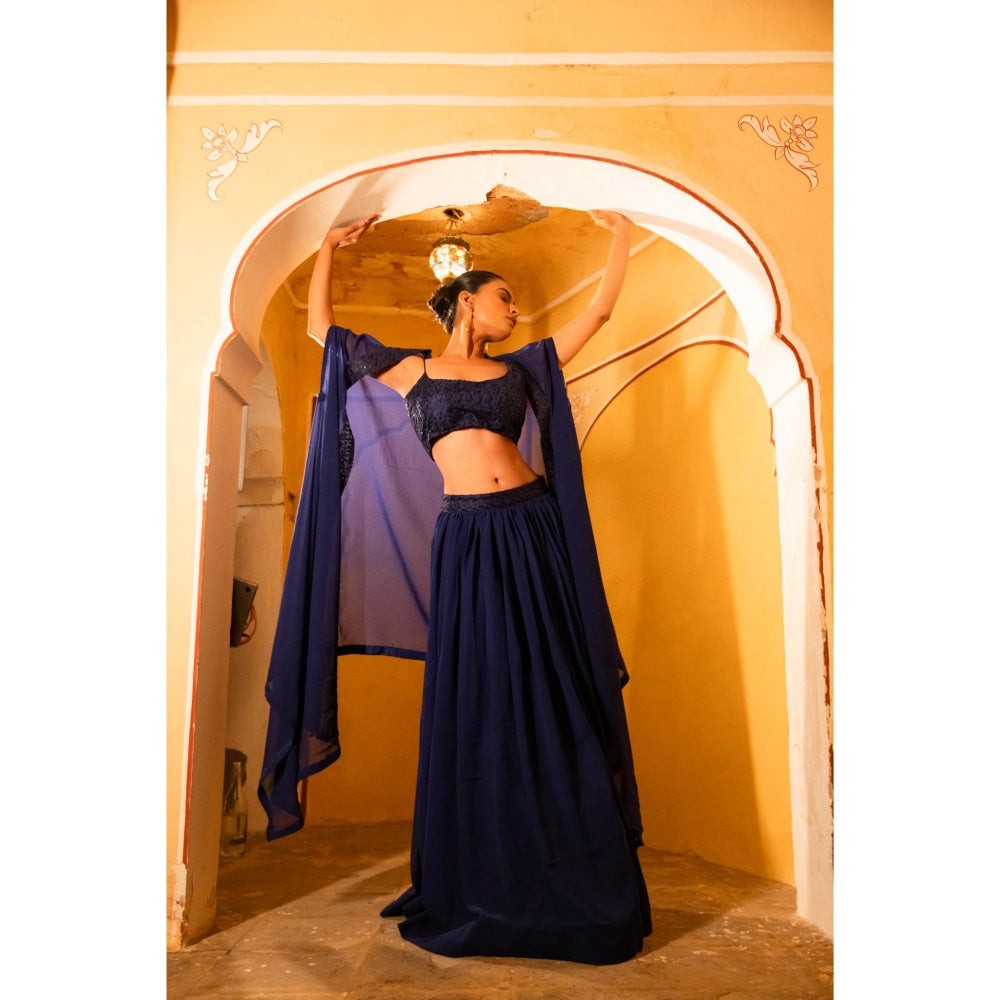 DEASHA INDIA Dia Navy Blue Detailed Lehenga with Blouse and Cape (Set of 3)